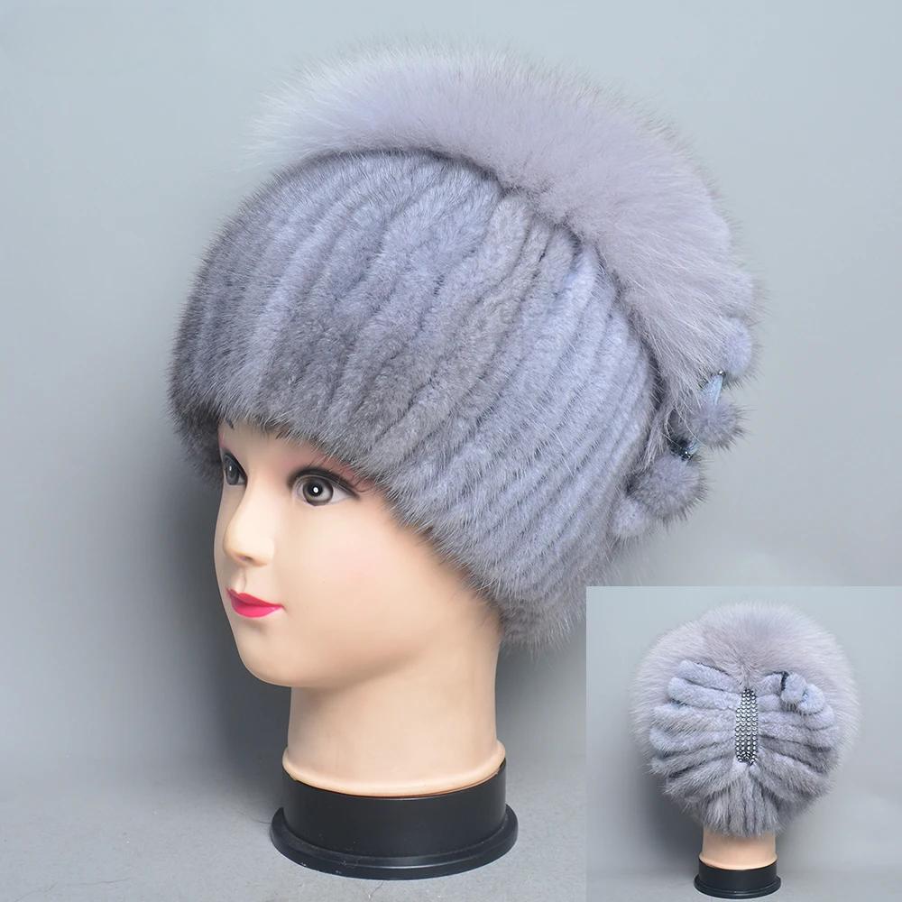 New Women Knitted Mink Fur Hats For Winter Hot Sale Luxury Lady Real Mink Fur Warm Caps Fashion Bowknot Fur Bonnets