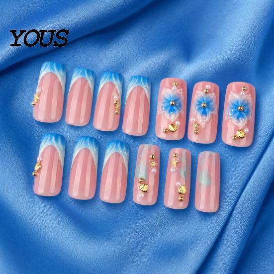 Travel Friendly Nails 24Pcs Summer Ocean Press on Nails, French Tip Flower Faux Pearl Stick-on Fake Blue Tips Salon Quality Long Glue False for Women