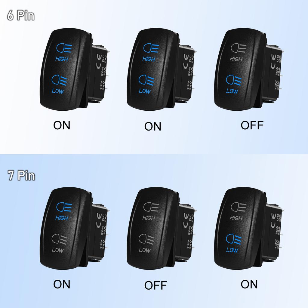 Headlights Rocker Switch 6 Pin ON-ON-OFF / 7Pin ON-OFF-ON High Low Beam Rocker Switch with Wires for Car UTV Truck RV Trailer