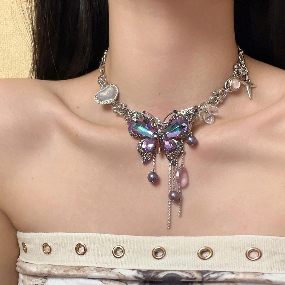 Heavy Industry Exquisite Purple Full Diamond Butterfly Love Tassel Necklace Women's Fashion Temperament Light Luxury Versatile Niche Clavicle Chain