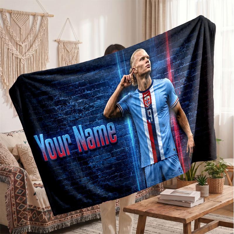 Erling Haaland Personalized Fleece Blanket With Football Logo, Custom Name Text Soft Warm Home Throw Blanket