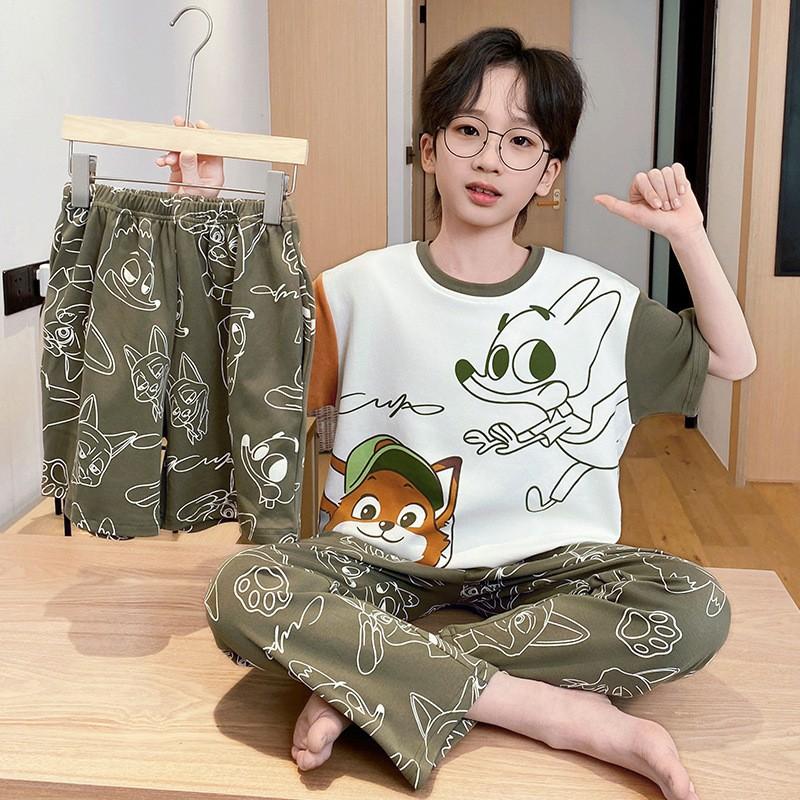 Cotton 3-Piece Pajama Set Boys Lightweight Short Sleeve Sleepwear Cartoon Print Home Wear Ages 8
