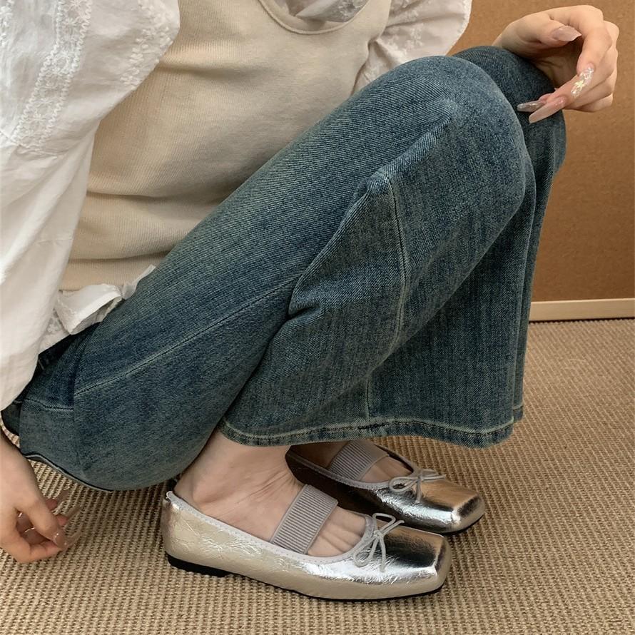 Flat-bottomed French square head small silver single shoes women's shoes 2025 new spring satin ballet gentle