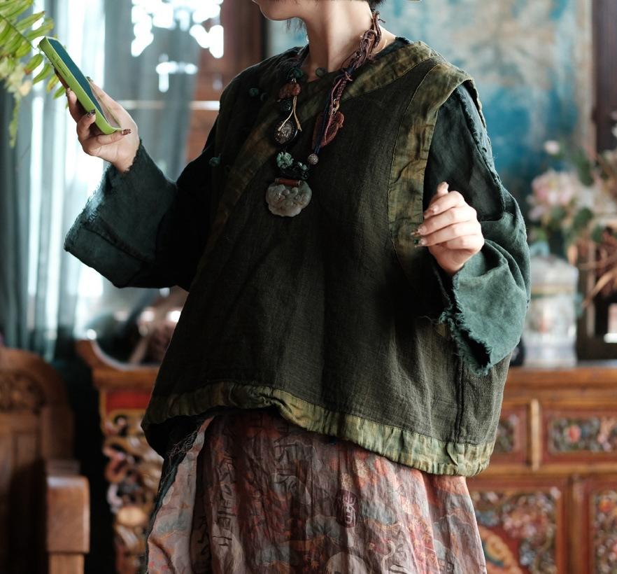 

Johnature Women Vintage Vests Patchwork Color Coats Autumn Button O-Neck Sleeveless Loose Vests Coats One Size зелений