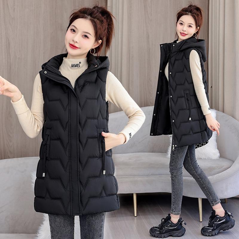 New Autumn and Winter Down Cotton Vest Women's Medium and Long Fashion Hooded Student Vest Vest Vest Jacket Tide