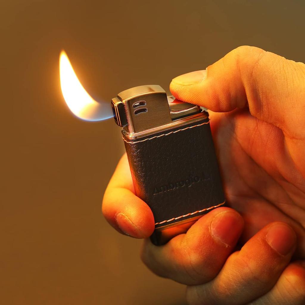 Ambrogio.L Pipe Lighter - Genuine Leather Adjustbale Soft Flame Refillable Butane Gas Lighter - Boxed Bronze Brushed