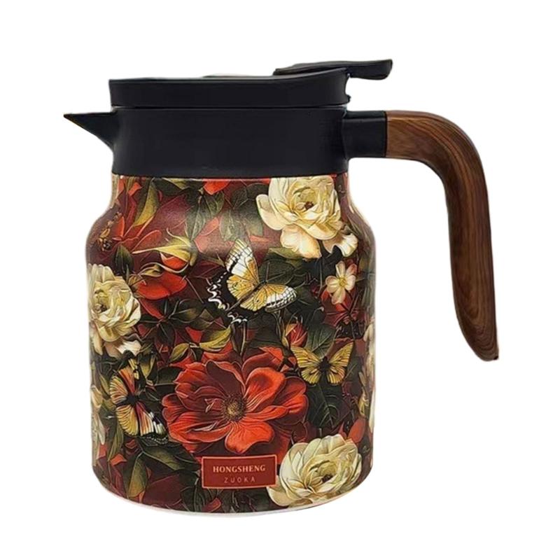 Premium Thermal Florals Teapot 1000ml Removable Infuser Stainless Steels Body And Ergonomic Wooden Handle Teas Kettle