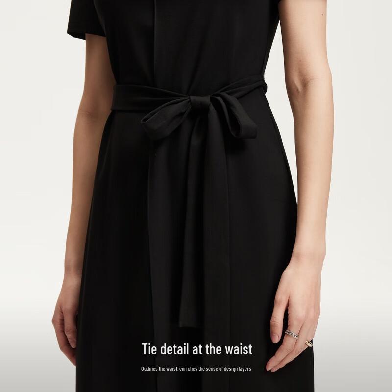 VEROMODA 2025 Solid Color Round Neck Waist Tie Short Sleeve Dress