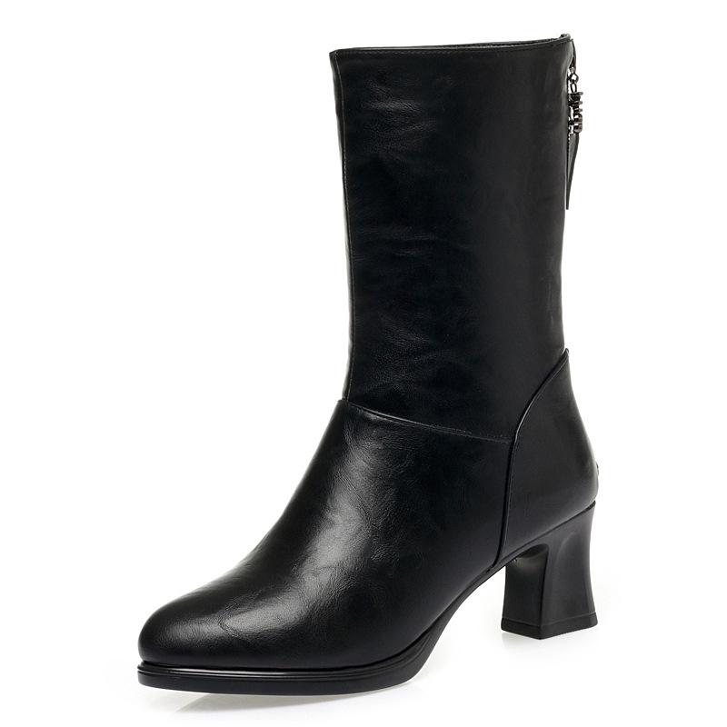 6cm Fashion Elegant Mid Calf Soft Leather Boots Women's Ankle Boots Winter 2025 Med Block Heels Short Fur Motorcycle Boots