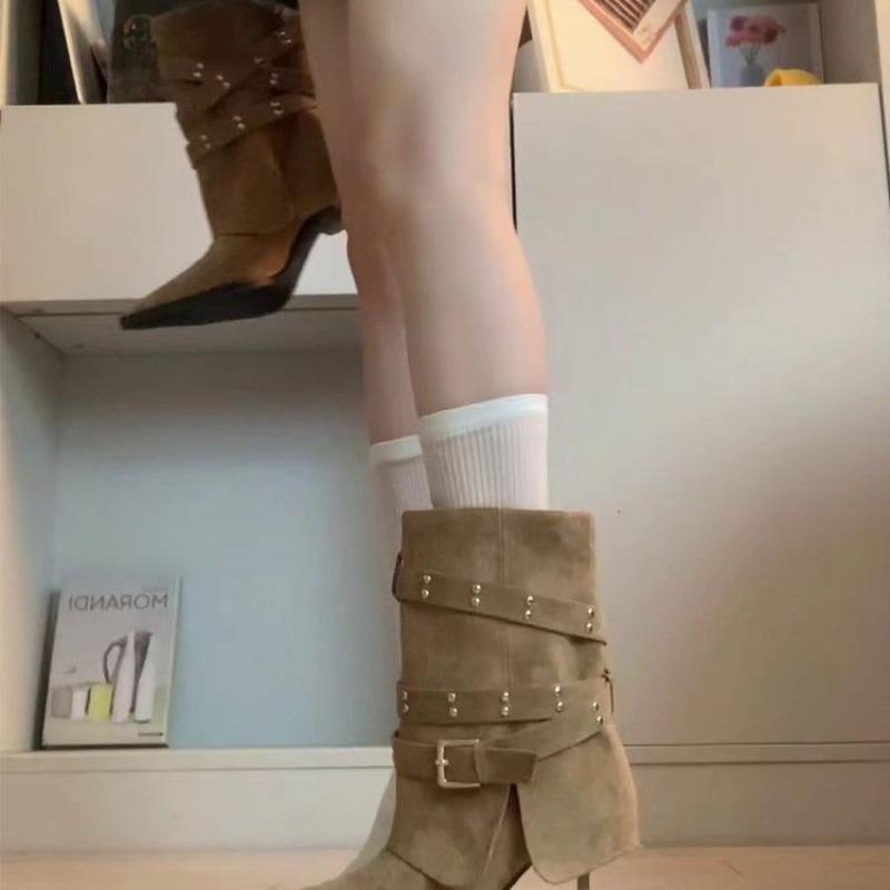 French Superior Feeling Pointed Toe Stiletto Heel Trouser Heel Boots Rivet Design Belt Buckle Women's Fashion Fashion Boots
