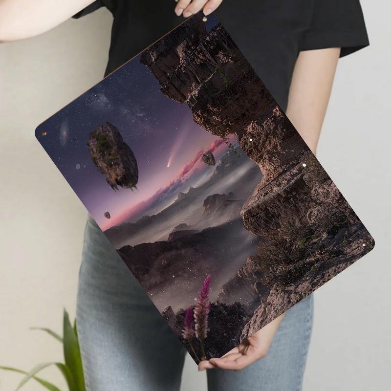 Dream Floating Stone Starry Mountain Landscape Metal Wall Art Modern Living Room Decor 20x30cm（7.8x11.8inch）