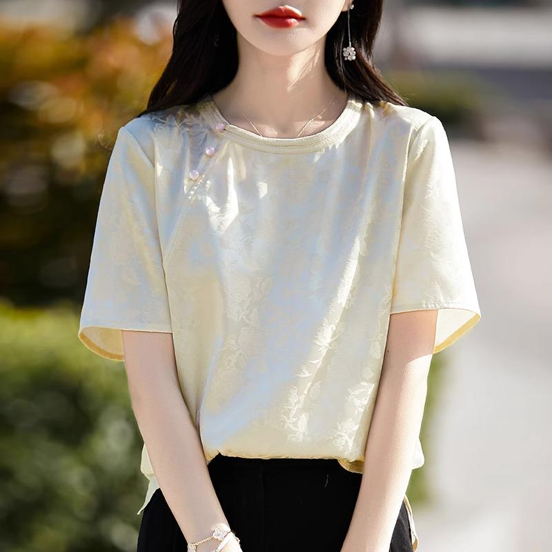 Women's 2026 Summer Silk Jacquard Short-Sleeve Top with Frog Buttons - New Chinese Style, Round Neck, Loose Fit