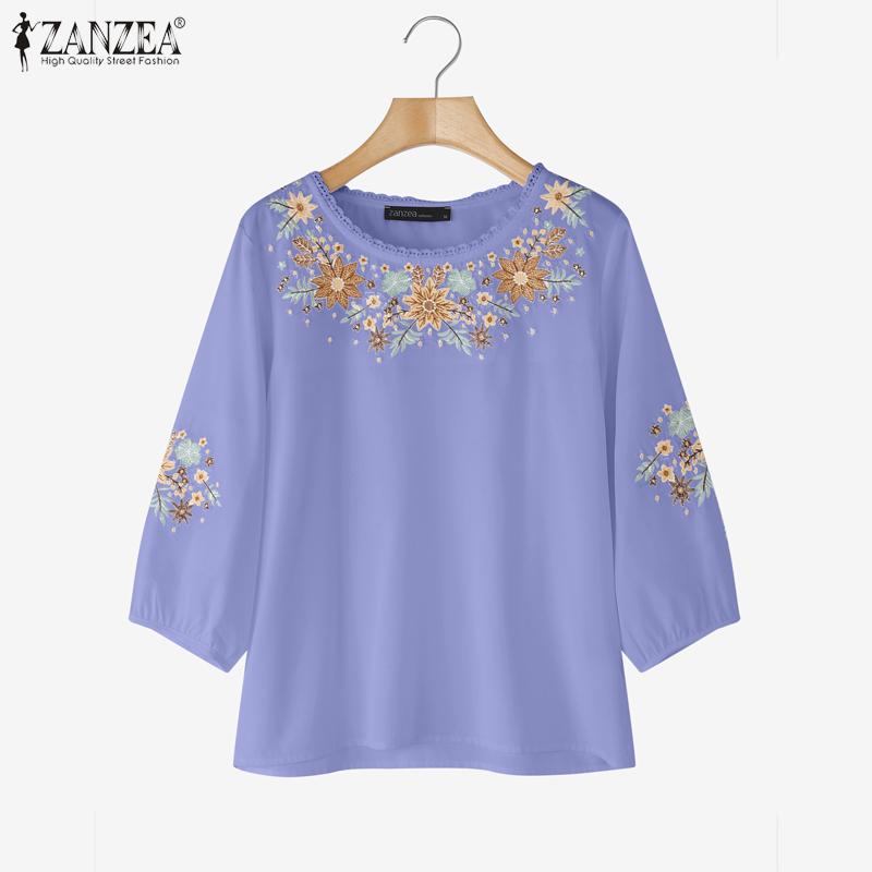 ZANZEA Women Casual Floral Embroidered Loose Half Sleeve Blouse