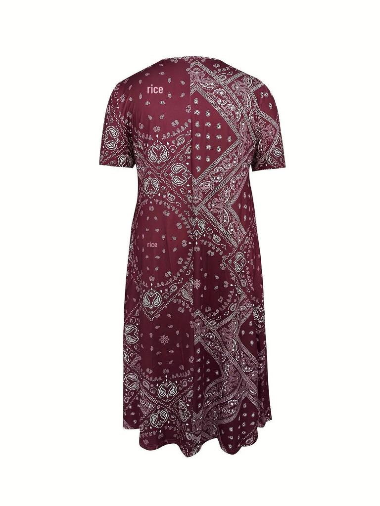 Europäisches & Amerikanisches Sommer Retro Print Mittelhoher Taillenlanger Kleid - Kurzarm, Rundhalsausschnitt, Bequemer Lässiger Stil Pullover