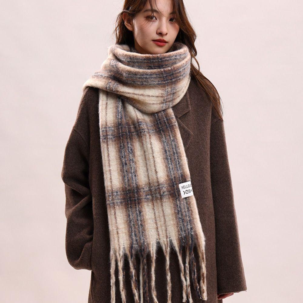 Mohair Plaid Wool Scarf Tassel Long Shawl Retro Winter Cashmere Scarves  Student