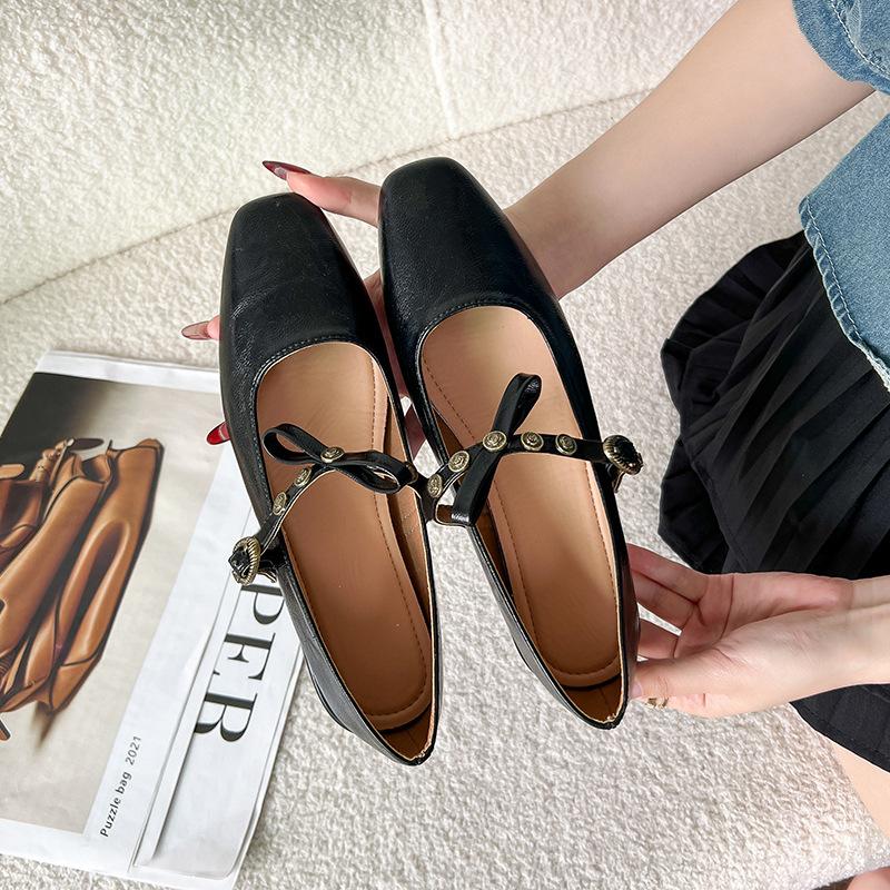 Retro Mary Jane Shoes Small Square Head Light Mouth Bow Shoes Thick Heel Casual Driving Single Shoes Women's Flats