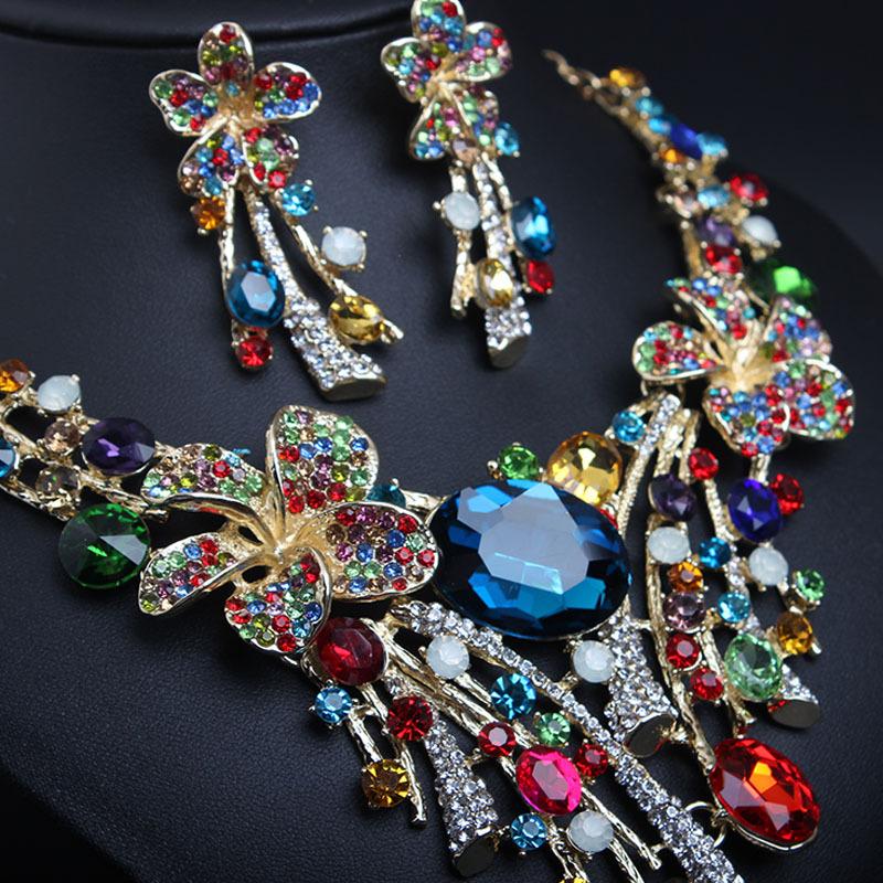 Luxury Diamond Necklace Earrings Set Party Wedding Dress Dinner Accessories Colorful Rhinestone Necklace Earrings Chain for Girls