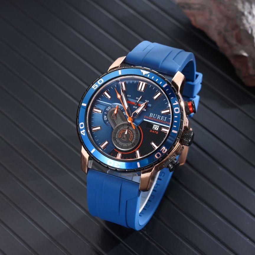 BUREI Men's Analog Chronograph Quartz Watch with Blue Urethane Strap, Waterproof, Date Display, Gift