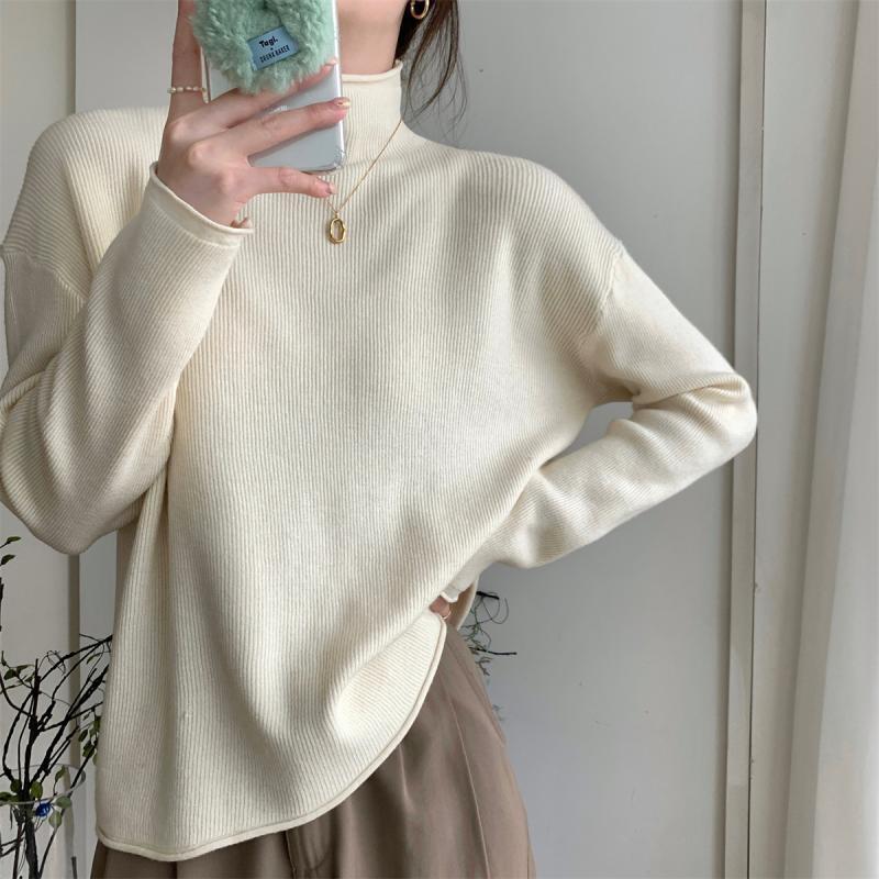 Solid-color Sweater Women's Fashion Korean-style Half Turtleneck Pullover Casual Loose Long-sleeved Knitted Sweater for Spring and Autumn