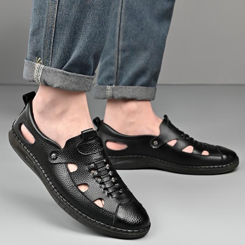 Hollow Out Leather Shoes for Men Fashion Handmade Cowhide Leather Sandal Outdoor Casual Sport Sandals Men's Beach Sandalias 2025