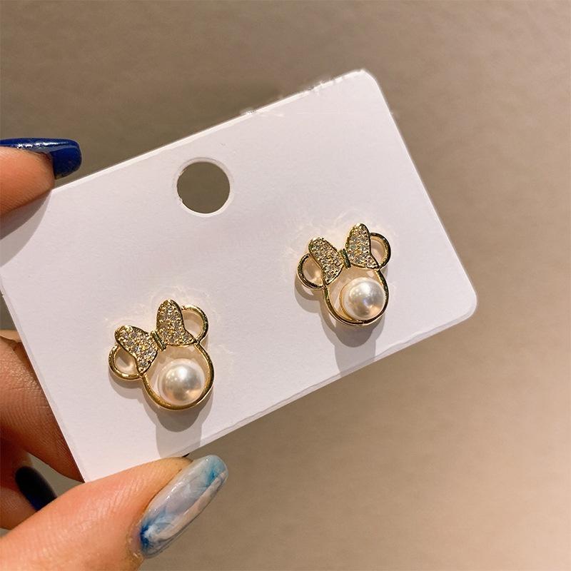 Bow Pearl Cute Stud Earrings With Crystals Mouse Trendy Charm Accessories Cartoon for Women Simple Bow Earring Wedding Gift