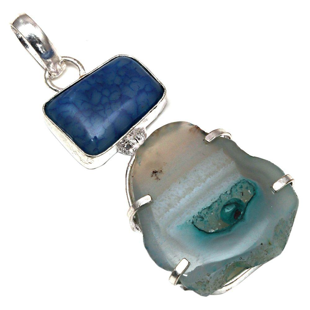 

Pendant Blue Sunshine Drusy Gemstone Handmade Silver Jewelry 2.5