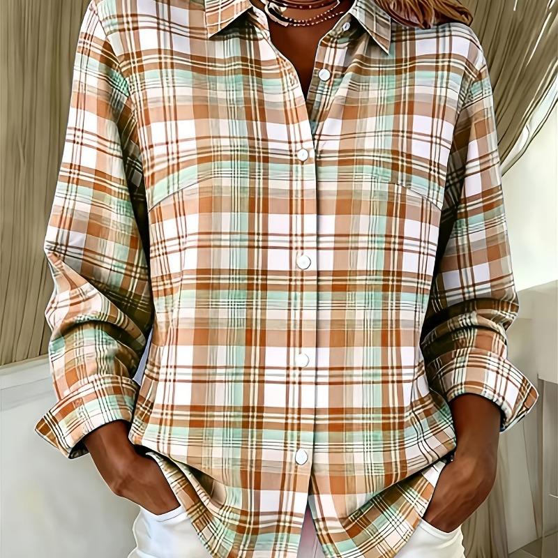 Plus Size, Plus-size Fashion Long-sleeve Lapel Casual Plaid Print Shirt