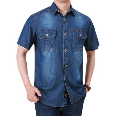 Herren Multi-Taschen Denim Werkzeughemden Sommer Kurzarm Blaue Jeanshemden Herren Baumwolle Freizeithemden Größe 5XL
