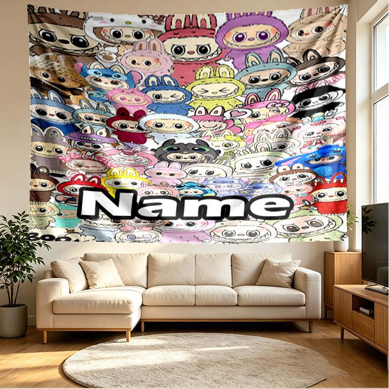 Custom Name Personalized Labubu Print Tapestry, Wall Art Decor, Bedroom, Dorm, Apartment, LivingRoom, Party Backdrop, Gift for Birthday