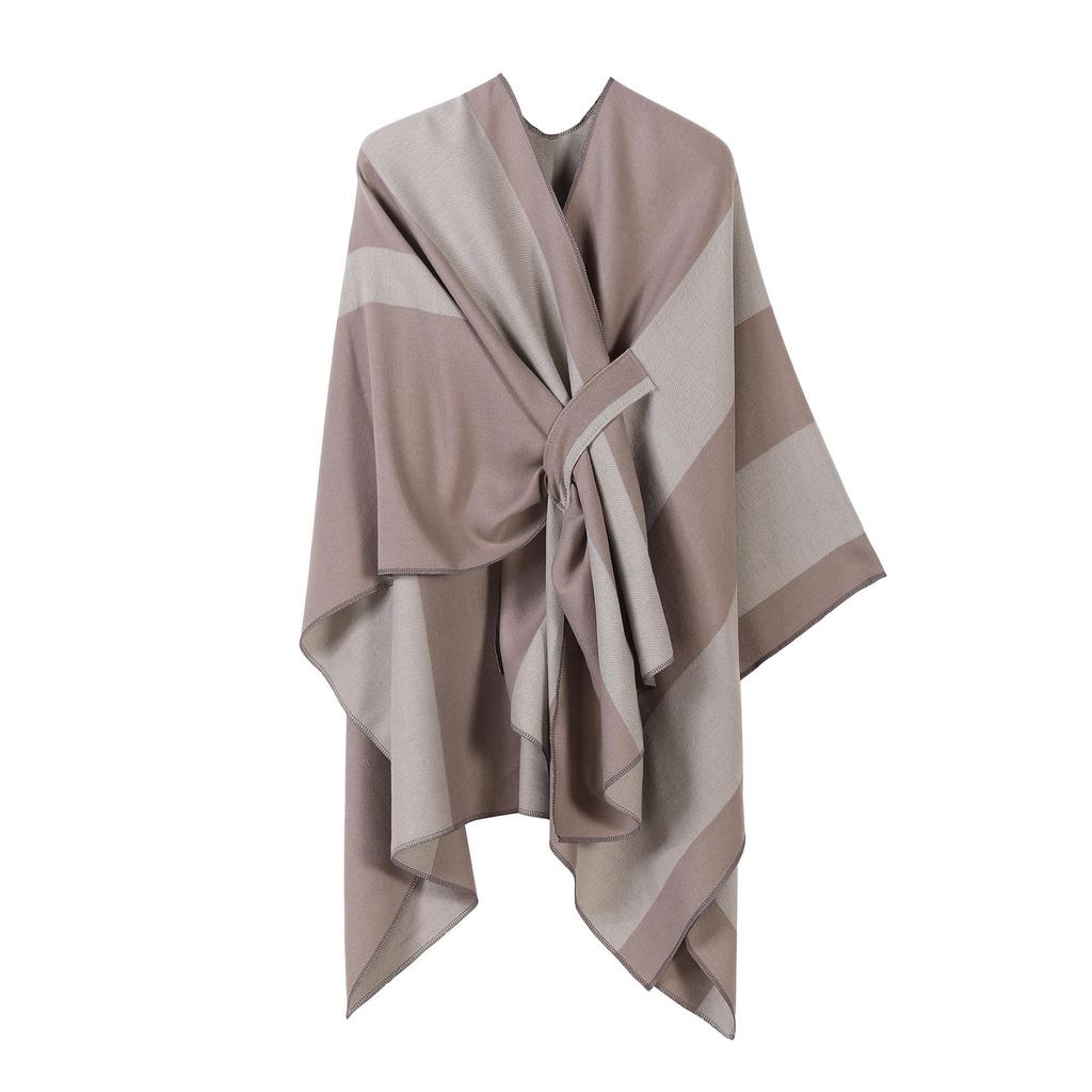 Women's European & American Double-Sided Solid Color Cape Shawl with Striped Edge