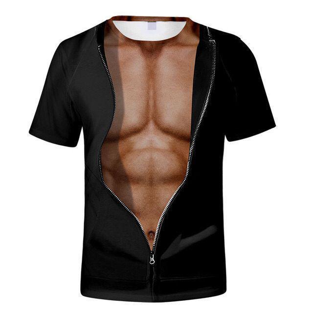 Men's 3D muscle printed short sleeved shirt, innovative simulation shirt, elastic muscle T-shirt, tight fitting T-shirt