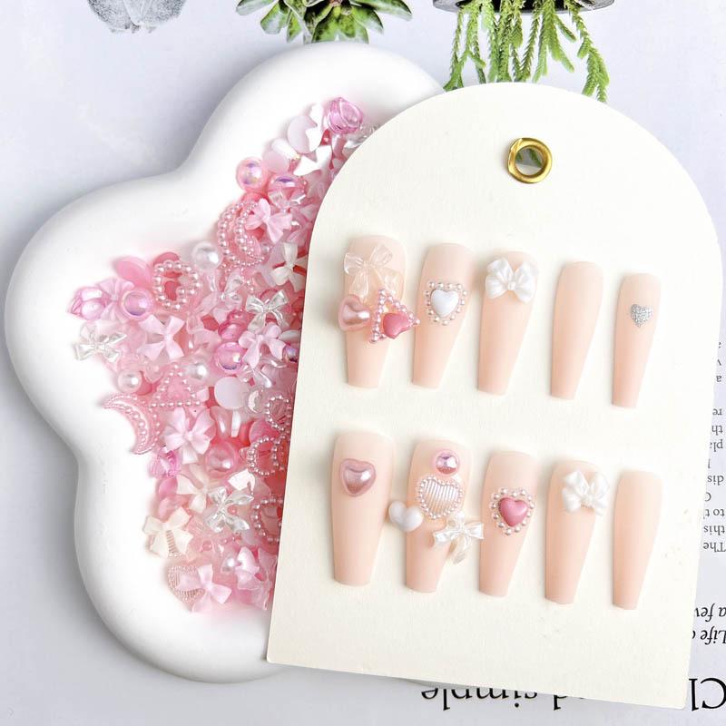 50pcs Barbie Pink Girly Nail Art Accessories: Iridescent Hearts, Bows, Pearl Embellishments, Press-On Nails.