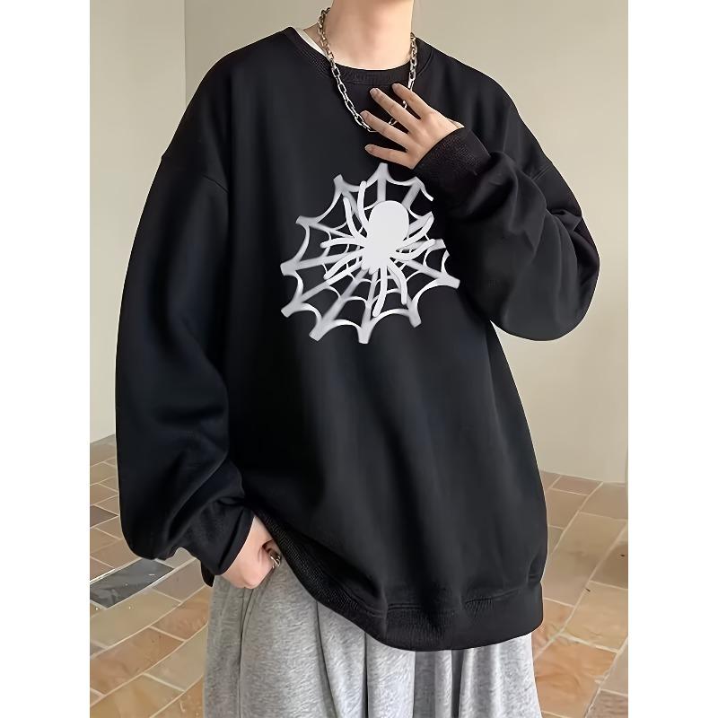 Men'S Black Crewneck Sweatshirt With Spider Print, Casual Style.