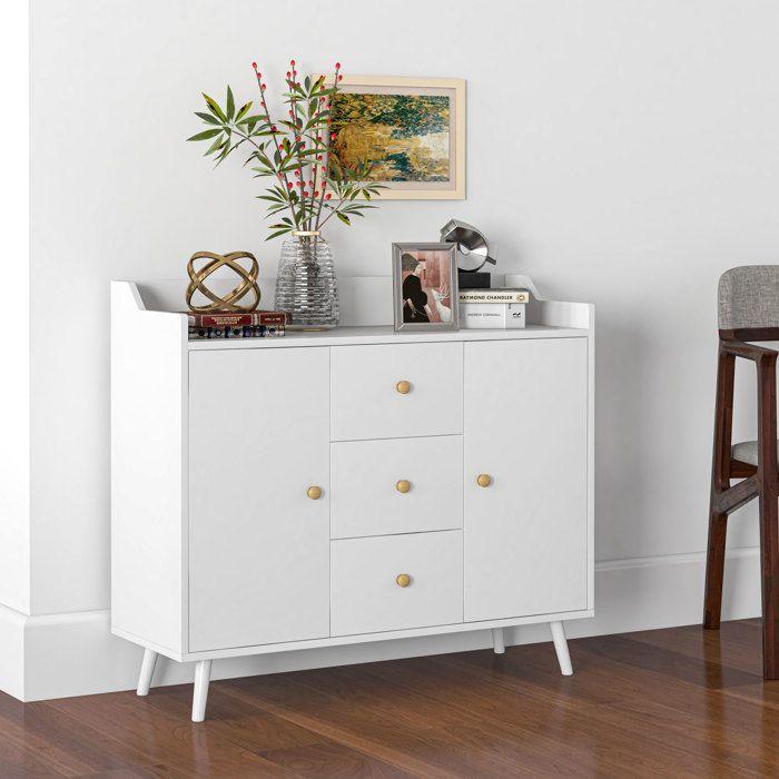 Buffet - HOMCOM - 2 portes, 3 tiroirs et pieds en bois massif - style moderne - panneau de particules - 90 x 32 x 80 cm - blanc