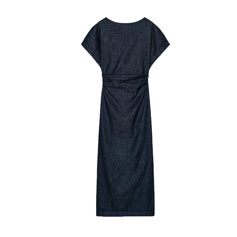 

Spring New Women s Clothing Hem Side Slit Ruched Decorative Short Sleeve Wide round Neck Dress 2949029 Indigo L