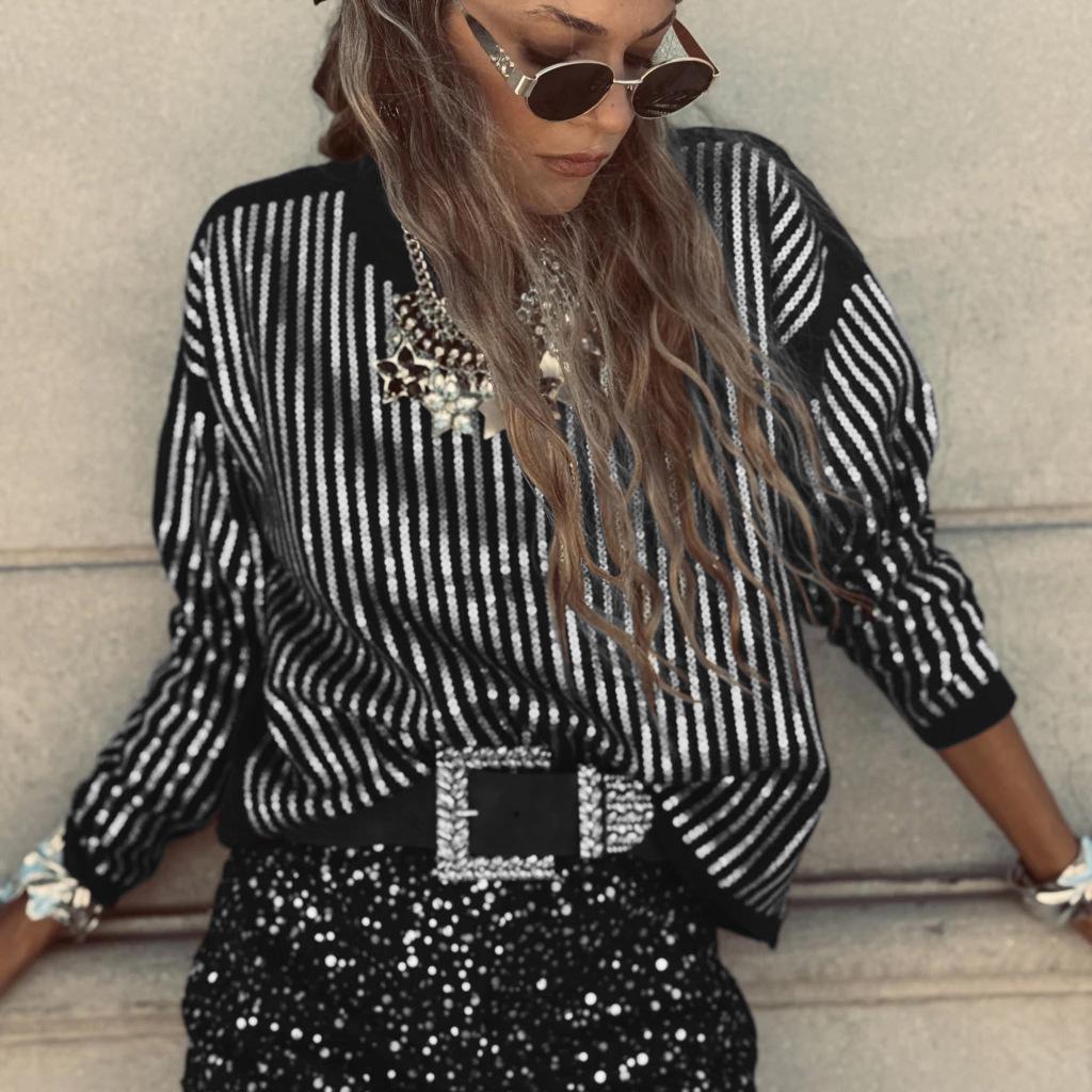 Women's Fashion Sequin Long Sleeved T-Shirt Round Neck Striped Pullover Top