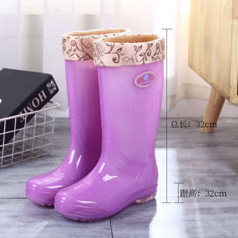 Fashion rain shoes women's tall tube without mesh rain boots non-slip waterproof shoes with cotton medium tube quick-drying water boots rubber