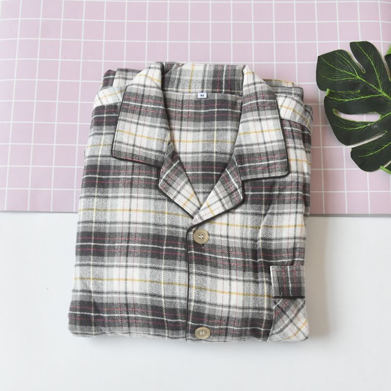 

Outer Single Men Woven Pure Cotton Gingham Long Sleeves Pants Pajamas Suit Spring and Autumn Casual and Comfortable Breathable Home Clothing Coffee Pad M
