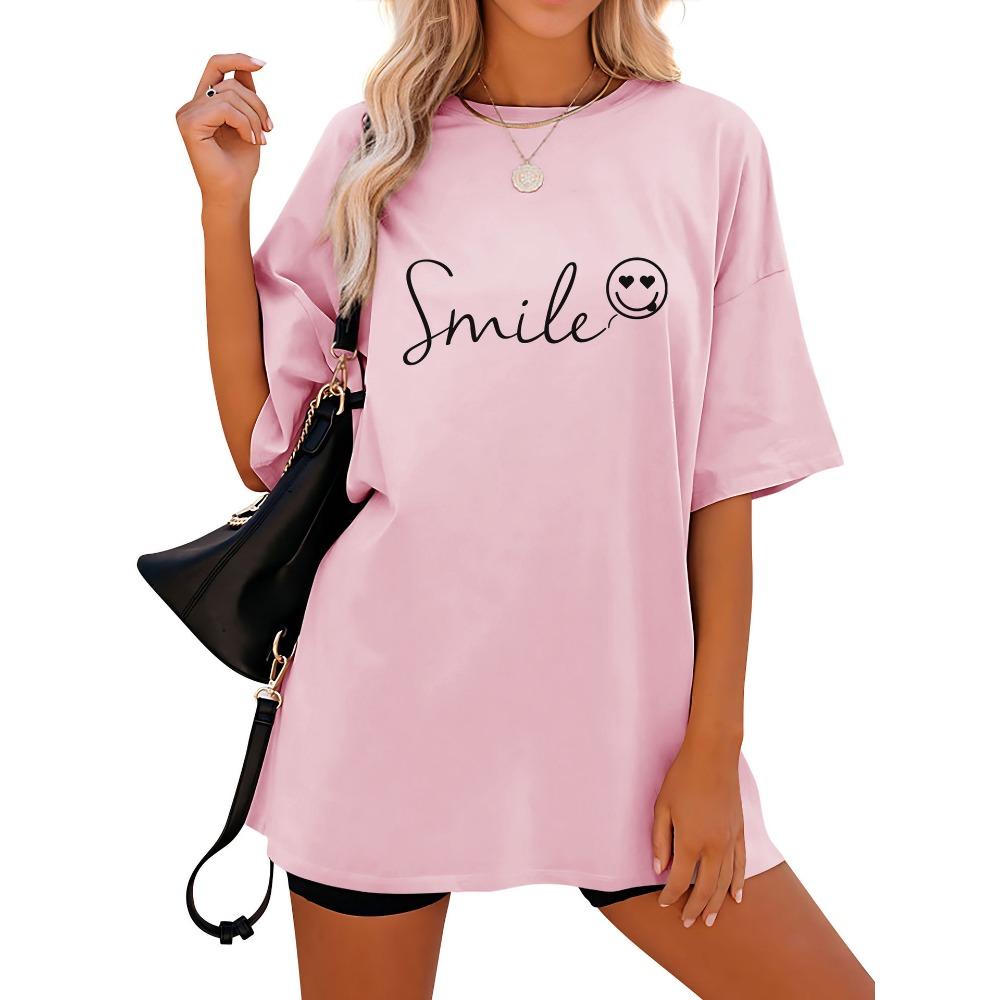 Tricou de damă cu mânecă scurtă, cu imprimeu lejer și mânecă scurtă, cu guler rotund și umăr căzut