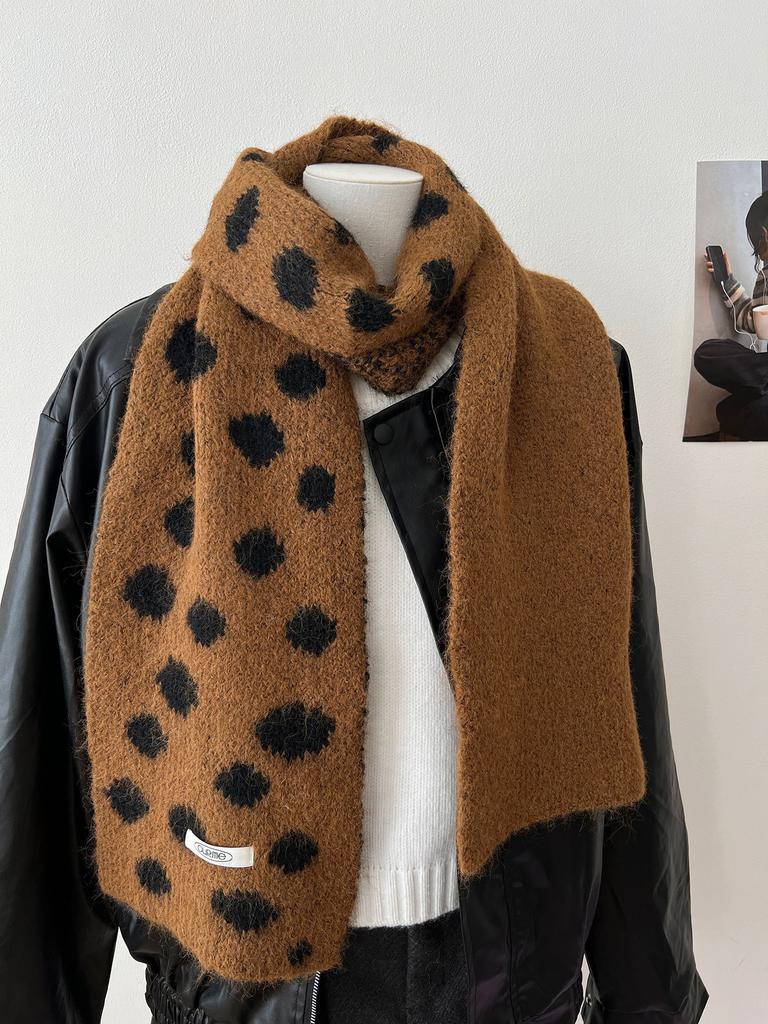 Korean Style Polka Dot Plush Knitted Scarf Soft Thick Color-Block Scarf Thermal Windproof Neck Warmer Scarves