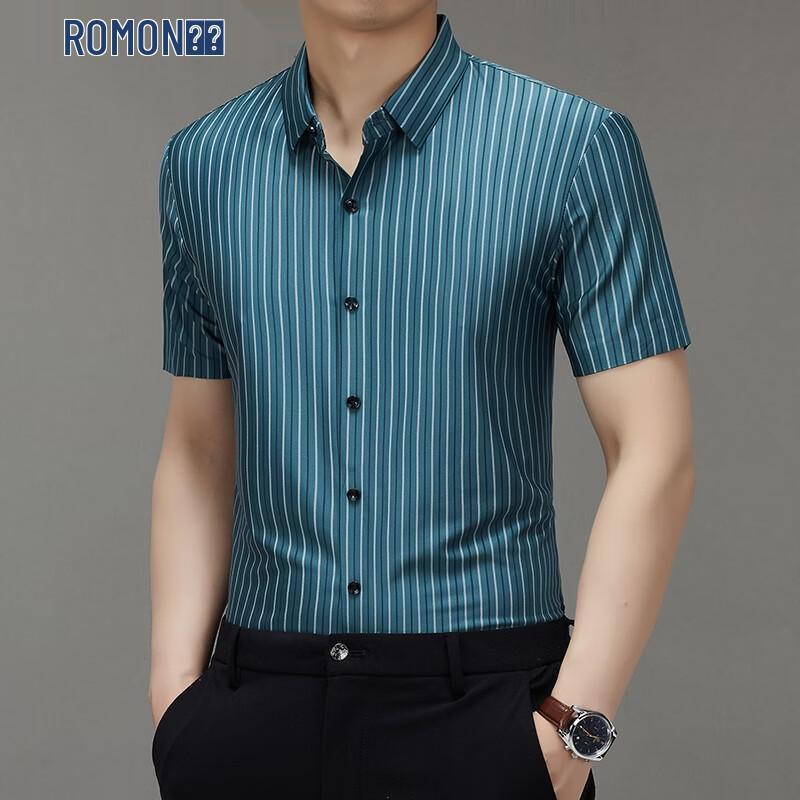 ROMON Men s Striped Short Sleeve Casual Shirt M