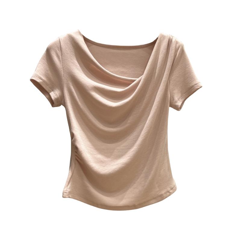Gentle wind irregular pleated swinging neck short-sleeved top summer summer slim and thin ins pure desire T-shirt women