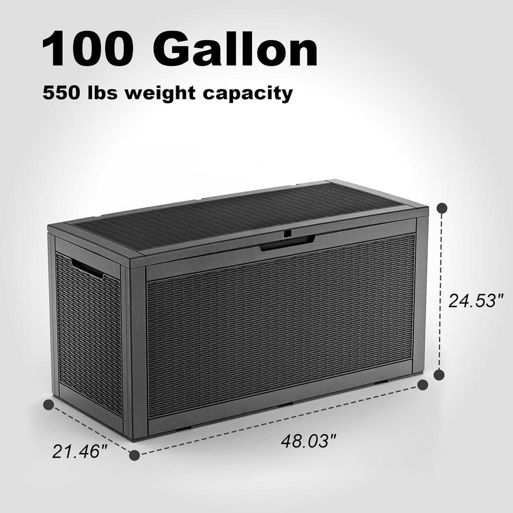 100 Gallon Resin Deck Box, Lockable Patio Outdoor Storage Box for Furniture, Garden Tools and Tools Storage, Waterproof Outside