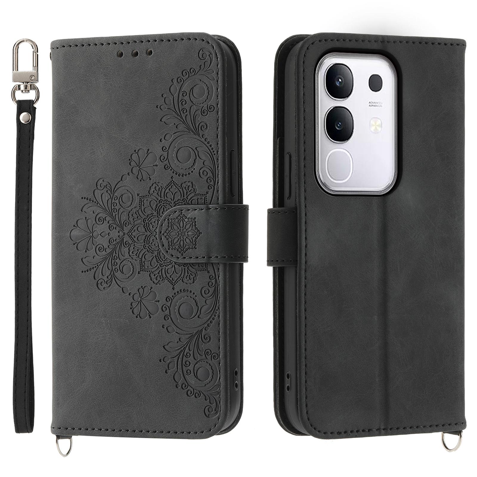 

For vivo Y29 4G Case Flower Pattern PU Leather Wallet Phone Cover with Strap Black