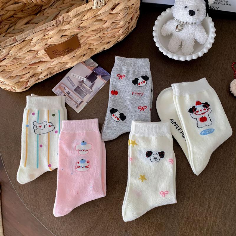 Cute Cartoon Dog, Funny Socks, Women's Mid-calf Socks, Pure Cotton Striped Polka Dot Pile Socks, Long Socks
