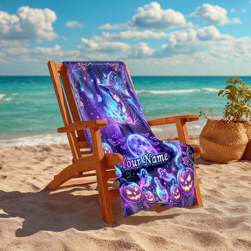 1PC Custom Name Halloween Witch Spell Book Beach Towel Highly Absorbent And Sand-Resistant Towel for Swimming, Pool, Yoga, And Travel Lightweight