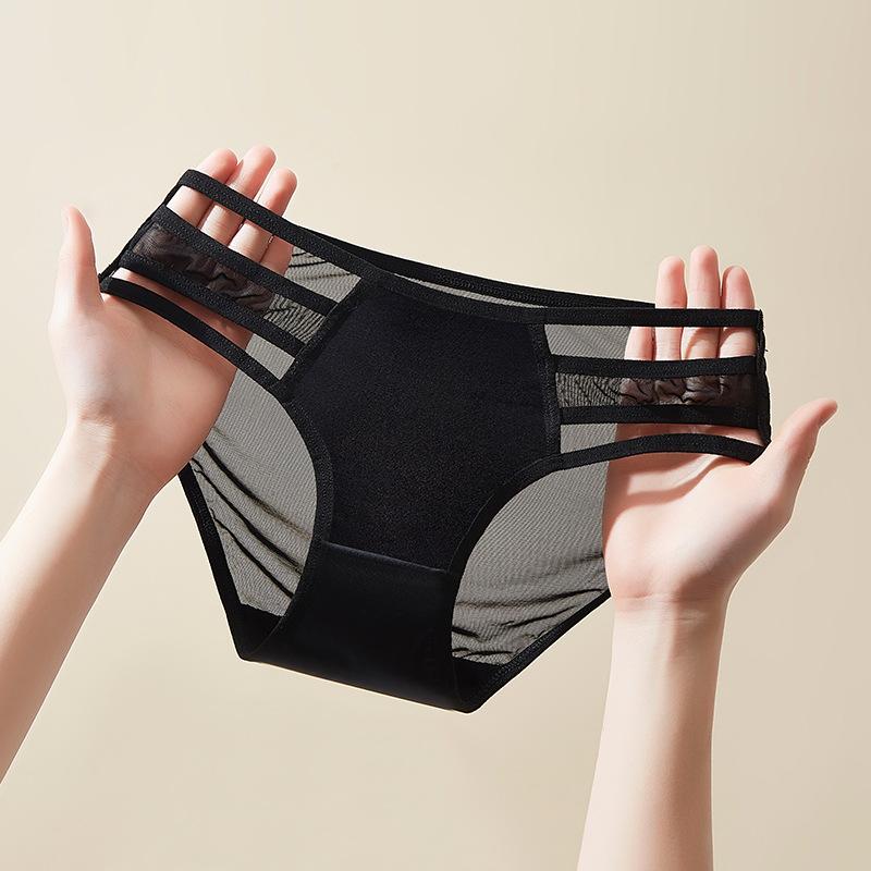 Female Summer Sexy Lace Mesh Satin Transparent Without Trace Cotton Crotch Low Waist Triangle Briefs