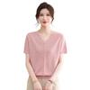 Women's Light Luxury V-Neck Ice Silk T-Shirt: This Short-sleeved, Mulberry Silk Knit Top Is Popular for Middle-aged Mothers This Summer.