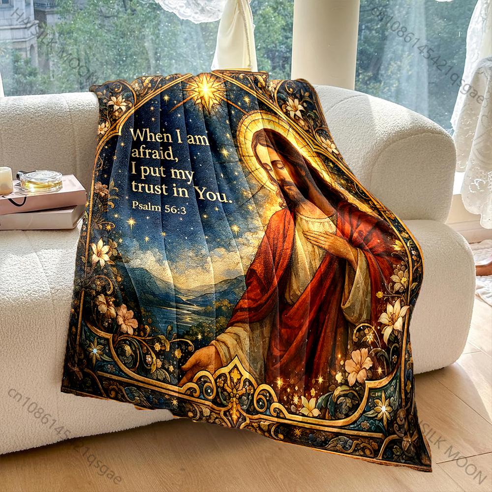 Religious theme starry sky verse Faith-printed Flannel Blanket Soft and Warm Suitable for Home Travel Picnics Camping and RV