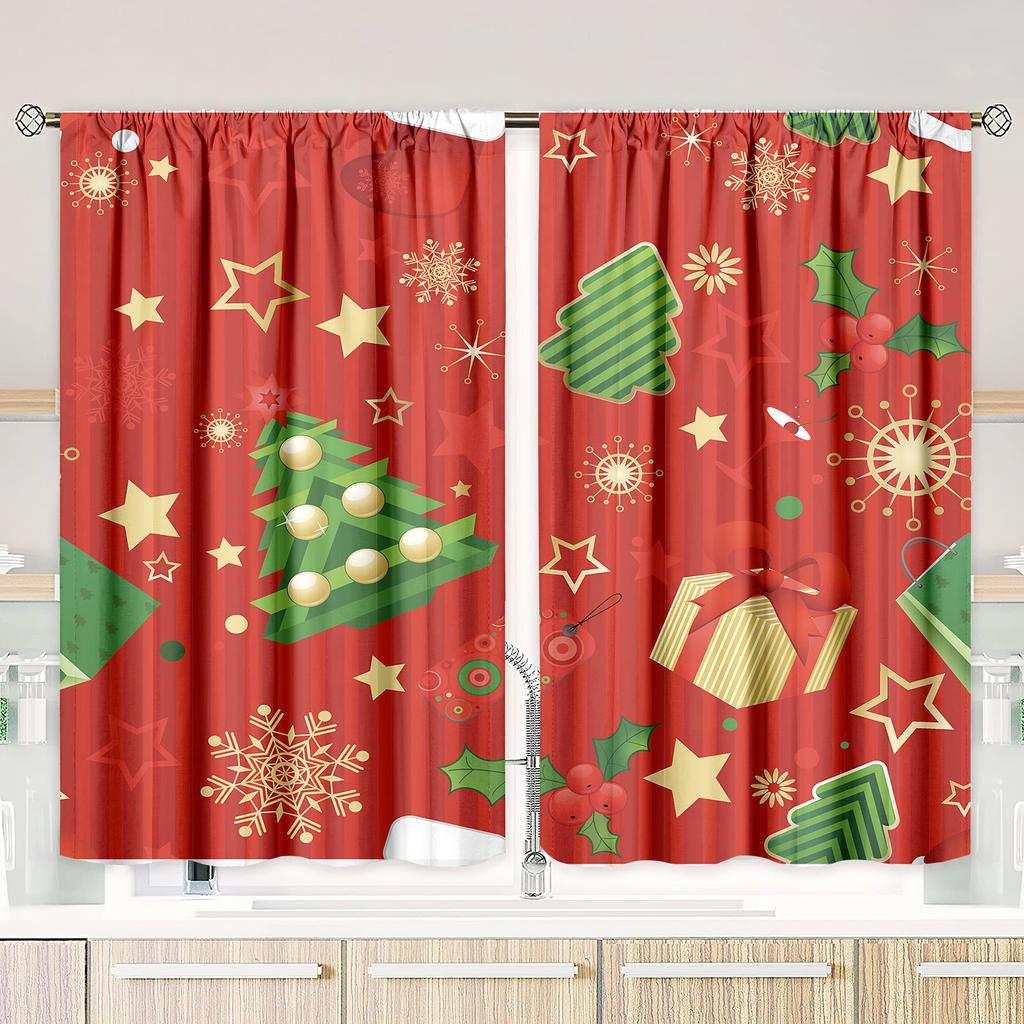 2 pieces of Cartoon Christmas tree star gift printing curtain - polyester material - suitable for bedroom living room study room